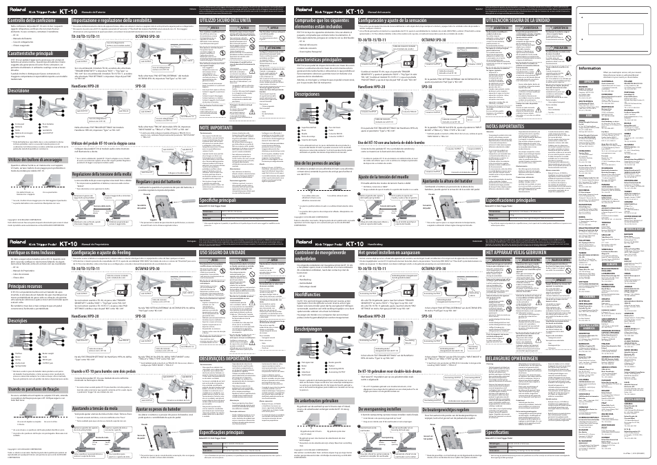 Specifi che principali, Controllo della confezione, Caratteristiche principali | Descrizione, Impostazione e regolazione della sensibilità, Utilizzo sicuro dell’unità, Especifi cações principais, Verifi que os itens inclusos, Principais recursos, Descrições | Roland KT-10 - Kick Trigger Pedal User Manual | Page 2 / 2