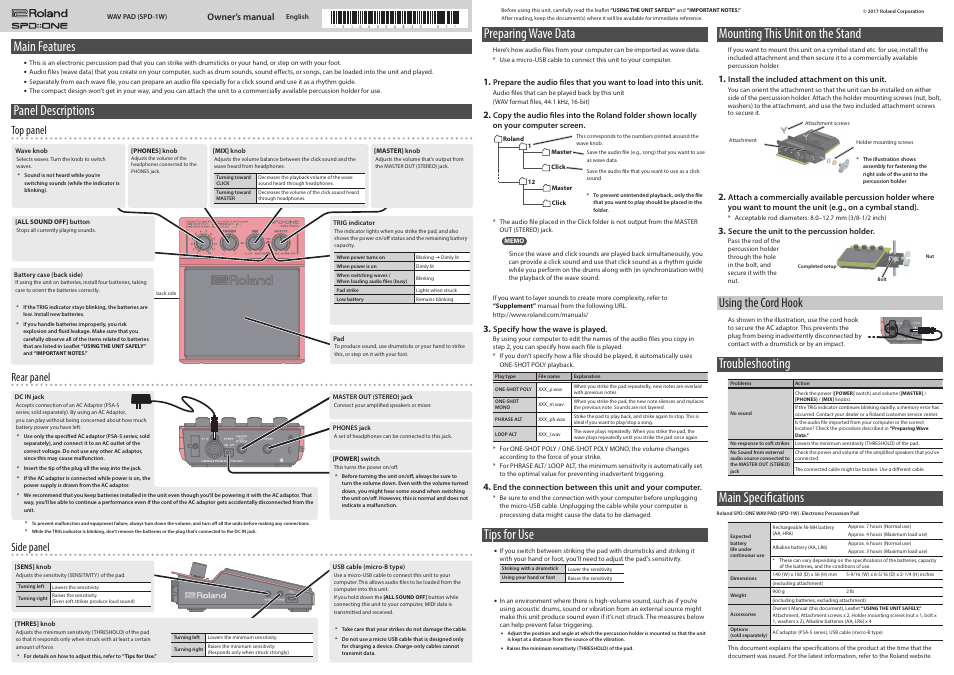 Roland SPD::ONE WAV PAD Percussion Pad User Manual | 1 page