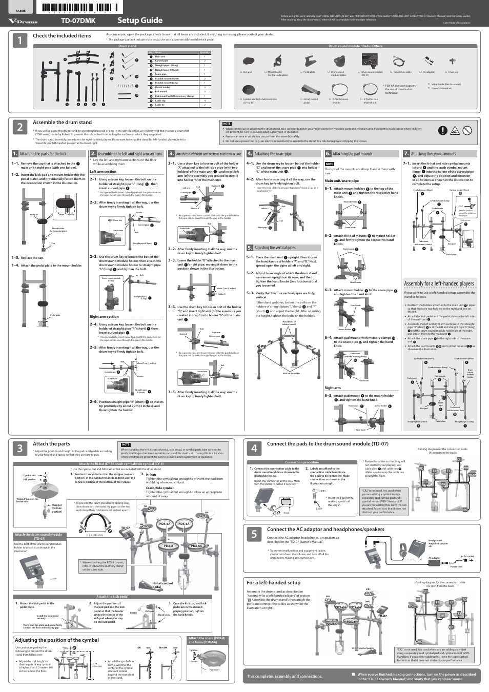 Roland TD-07DMK V-Drums Electronic Drum Set User Manual | 2 pages