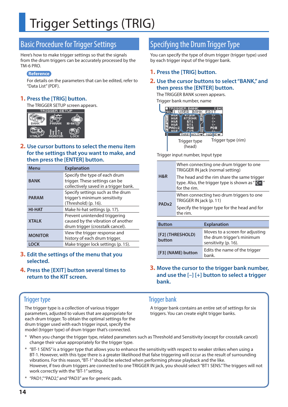 Trigger settings (trig), Basic procedure for trigger settings, Specifying the drum trigger type | Igger settings (p. 14), P. 14, Trigger type, Trigger bank | Roland TM-6 Pro Drum Trigger Module User Manual | Page 14 / 49