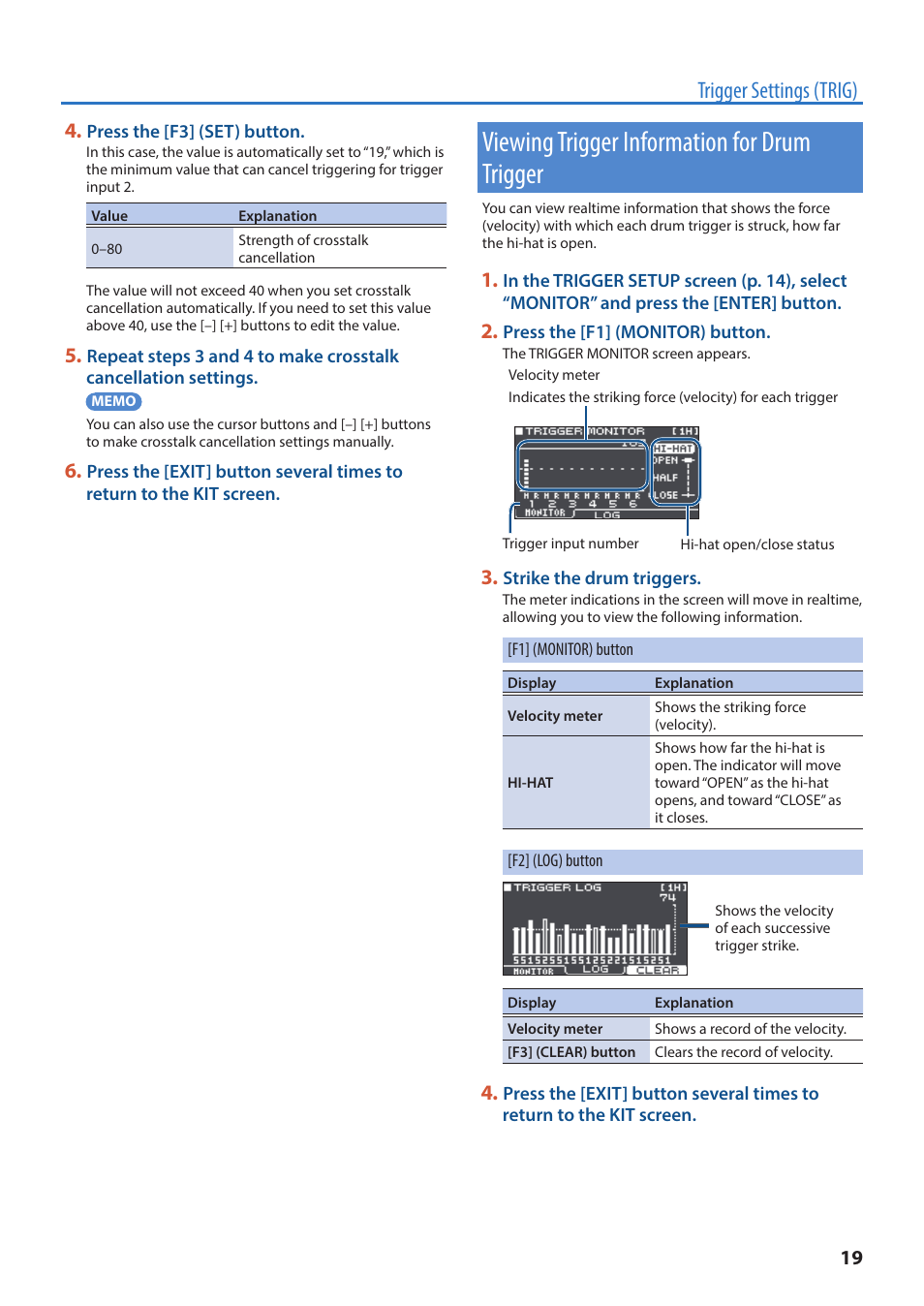 Viewing trigger information for drum trigger, Trigger settings (trig) | Roland TM-6 Pro Drum Trigger Module User Manual | Page 19 / 49