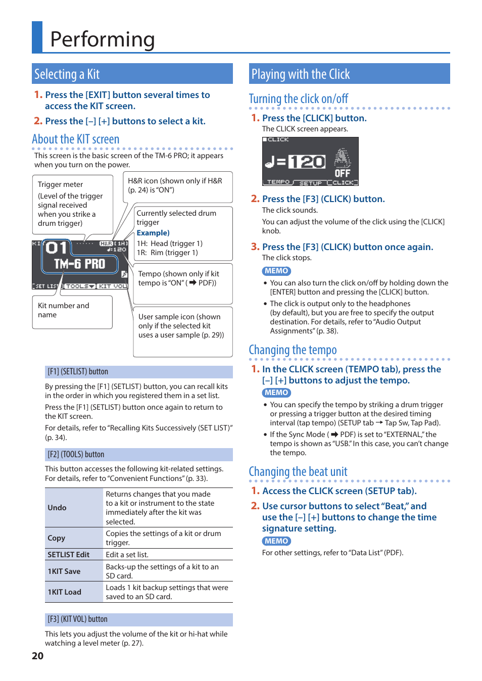 Performing, Selecting a kit, Playing with the click | Its (p. 20), P. 20, Ns the click on/off (p. 20, About the kit screen, Turning the click on/off, Changing the tempo, Changing the beat unit | Roland TM-6 Pro Drum Trigger Module User Manual | Page 20 / 49