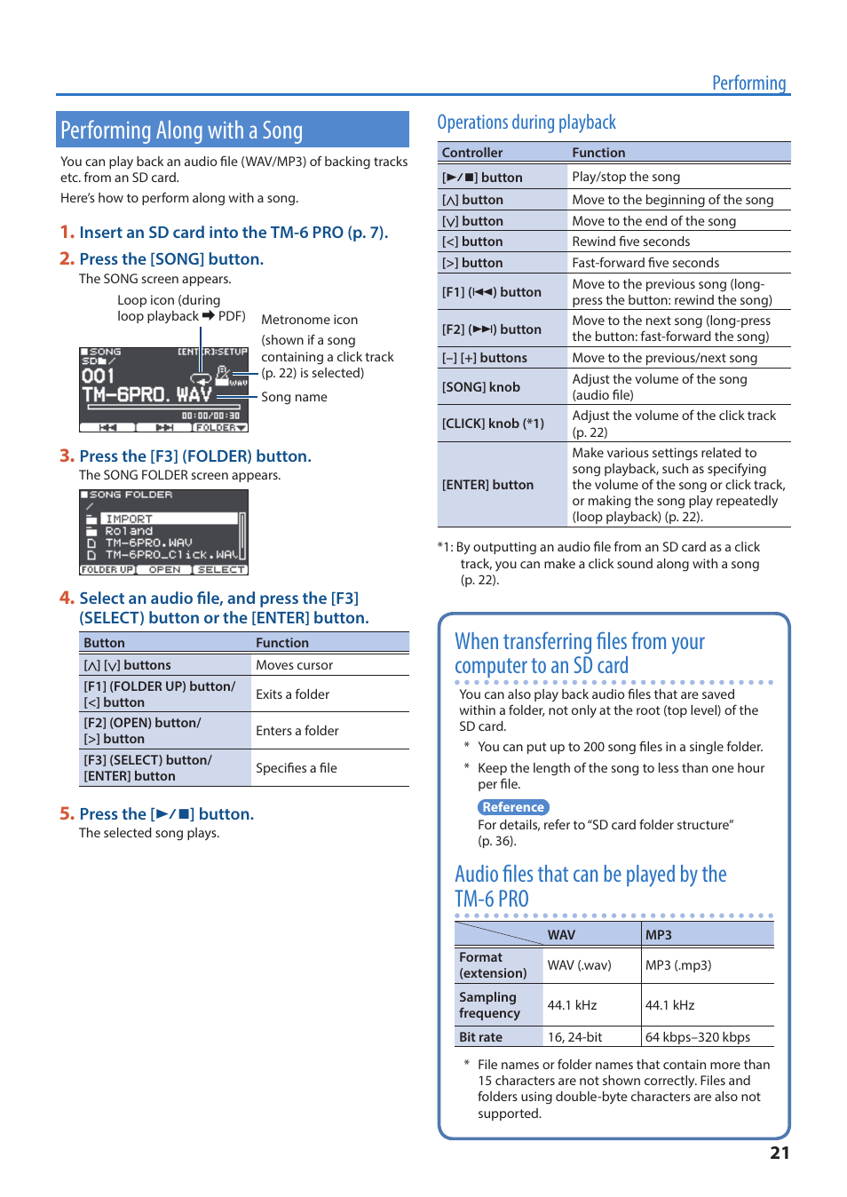 Performing along with a song, P. 21, Audio files that can be played by the tm-6 pro | Performing, Operations during playback | Roland TM-6 Pro Drum Trigger Module User Manual | Page 21 / 49