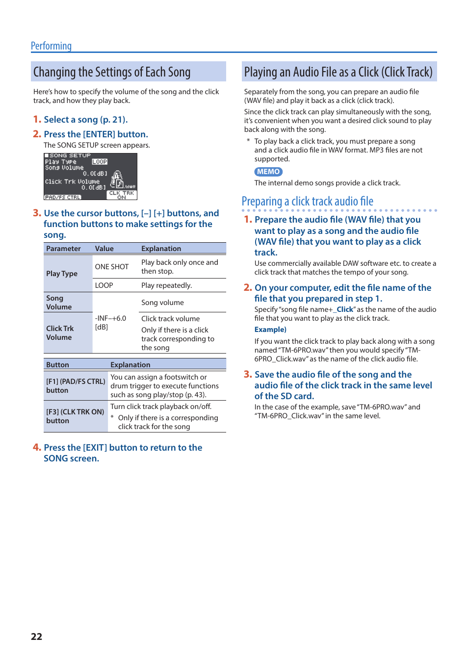 Changing the settings of each song, Playing an audio file as a click (click track), P. 22) | P. 22, Yback) (p. 22, Preparing a click track audio file, Performing | Roland TM-6 Pro Drum Trigger Module User Manual | Page 22 / 49