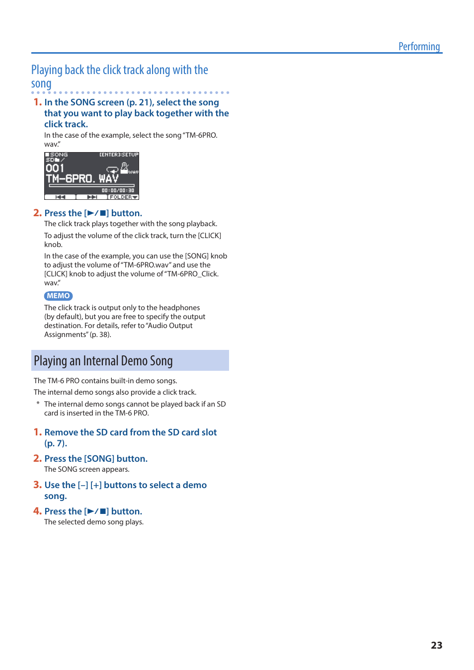 Playing an internal demo song, Playing back the click track along with the song, Performing | Roland TM-6 Pro Drum Trigger Module User Manual | Page 23 / 49