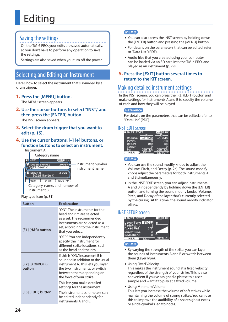 Editing, Selecting and editing an instrument, Een (p. 24 | P. 24, Saving the settings, Making detailed instrument settings, Inst edit screen, Inst setup screen | Roland TM-6 Pro Drum Trigger Module User Manual | Page 24 / 49