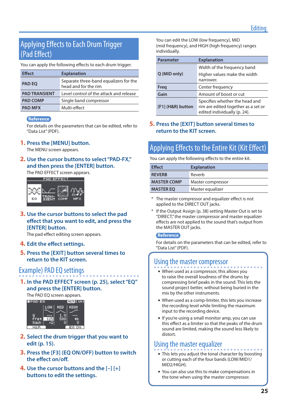 Applying effects to each drum trigger (pad effect), Applying effects to the entire kit (kit effect), Example) pad eq settings | Using the master compressor, Using the master equalizer, Editing | Roland TM-6 Pro Drum Trigger Module User Manual | Page 25 / 49