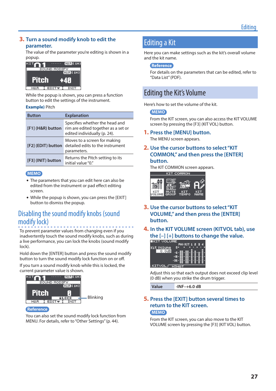 Editing a kit, Editing the kit’s volume, Ound modify lock (p. 27) | Er (p. 27), Editing | Roland TM-6 Pro Drum Trigger Module User Manual | Page 27 / 49