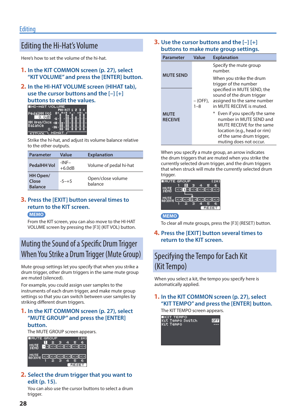 Editing the hi-hat’s volume, Specifying the tempo for each kit (kit tempo), Muting the sound of a specific drum trigger | When you strike a drum trigger (mute group), Editing | Roland TM-6 Pro Drum Trigger Module User Manual | Page 28 / 49