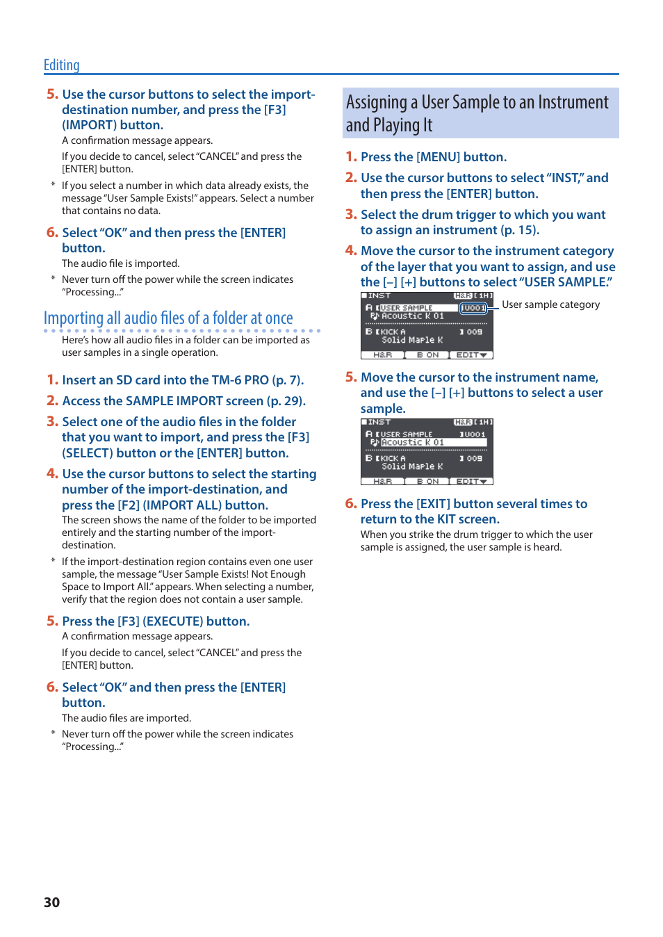 Assigning a user sample to an instrument, And playing it, Importing all audio files of a folder at once | Editing | Roland TM-6 Pro Drum Trigger Module User Manual | Page 30 / 49