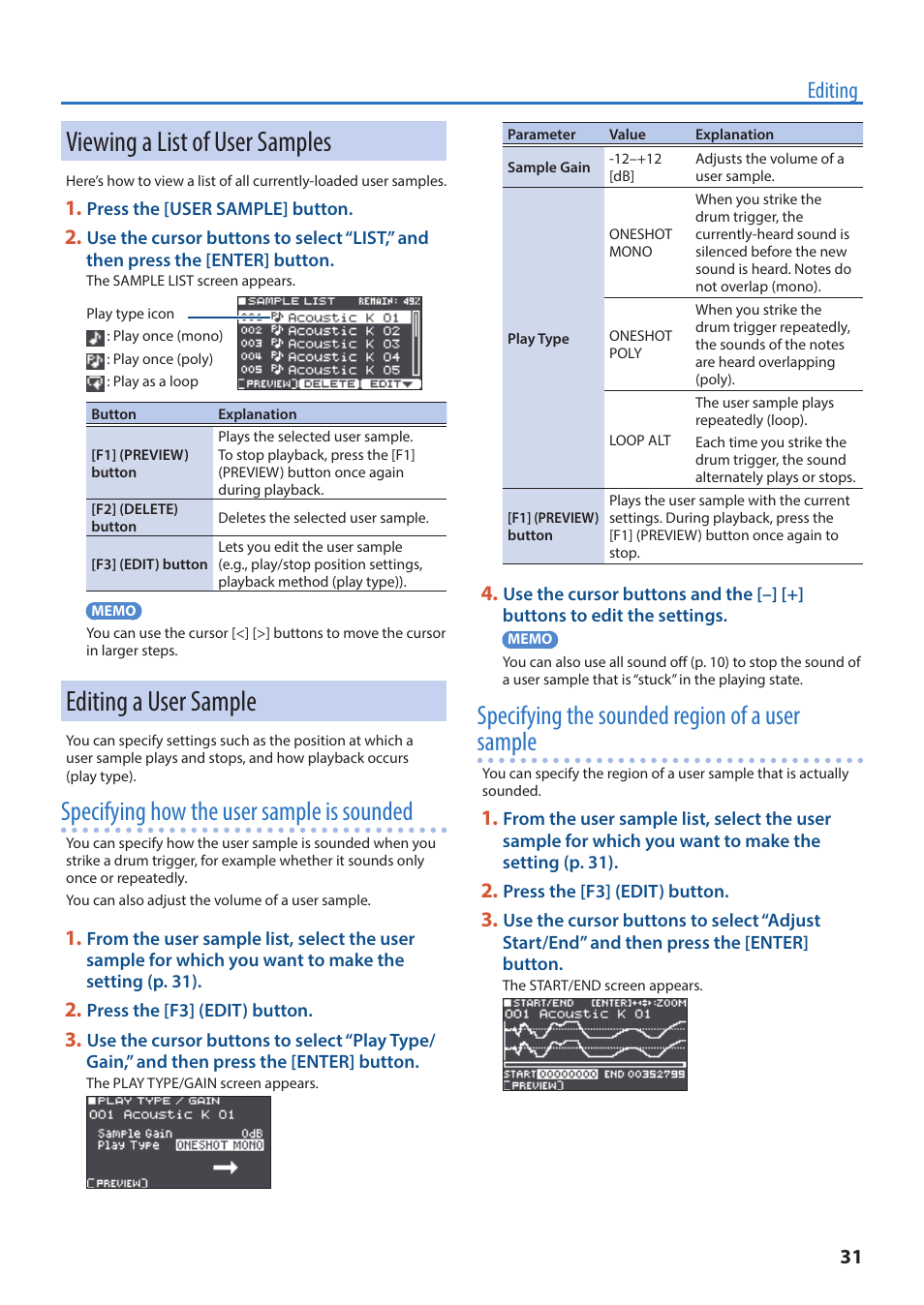 Viewing a list of user samples, Editing a user sample, On (p. 31 | Specifying how the user sample is sounded, Specifying the sounded region of a user sample, Editing | Roland TM-6 Pro Drum Trigger Module User Manual | Page 31 / 49