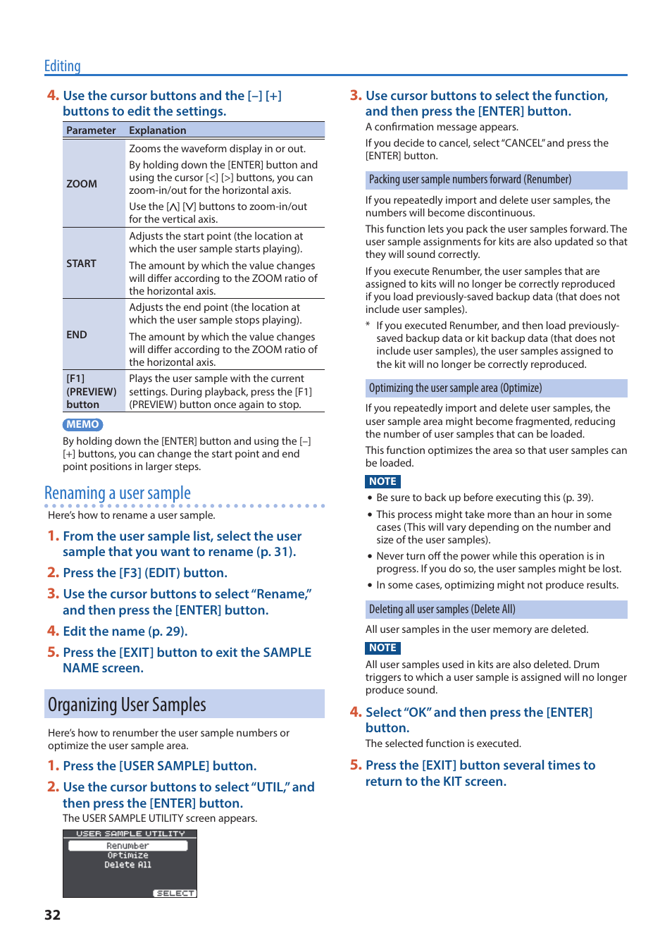 Organizing user samples, Renaming a user sample, Editing | Roland TM-6 Pro Drum Trigger Module User Manual | Page 32 / 49