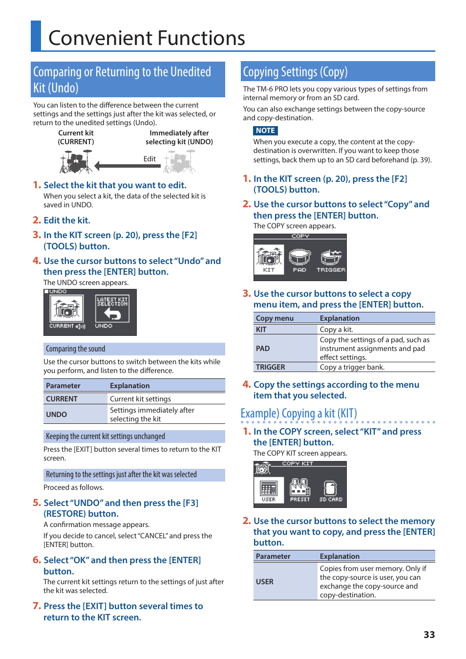 Convenient functions, Comparing or returning to the unedited kit (undo), Copying settings (copy) | Y (p. 33, Ea (p. 33), O “copying settings, Copy)” (p. 33), O “convenient functions” (p. 33), Example) copying a kit (kit) | Roland TM-6 Pro Drum Trigger Module User Manual | Page 33 / 49