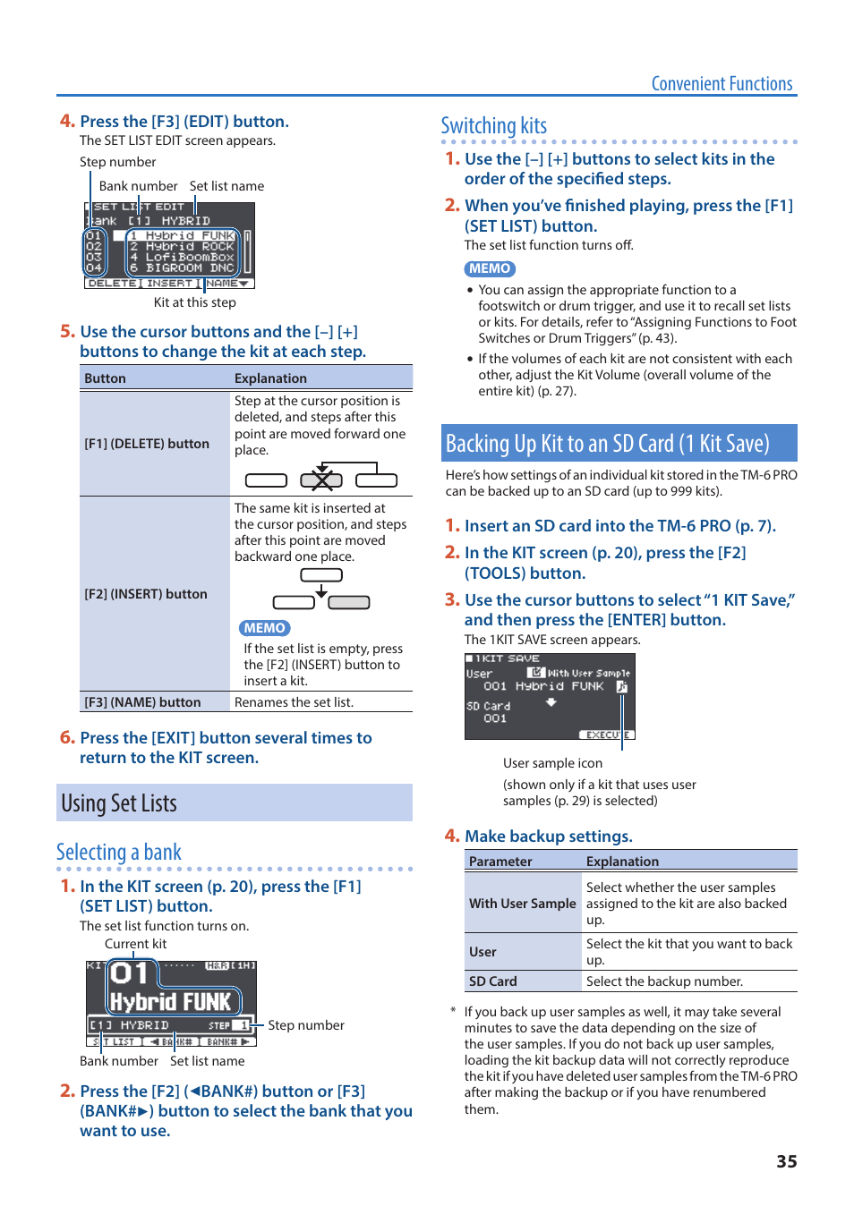 Using set lists, Backing up kit to an sd card (1 kit save), Selecting a bank | Switching kits, Convenient functions | Roland TM-6 Pro Drum Trigger Module User Manual | Page 35 / 49