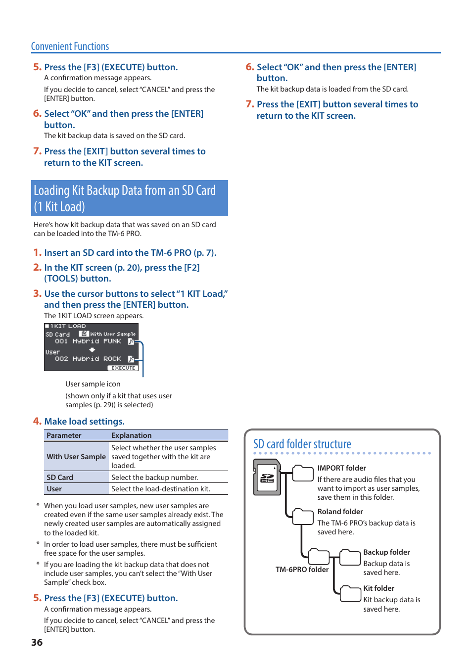 Loading kit backup data from an sd card, 1 kit load), O “sd card folder structure” (p. 36) | O “sd card folder structure, P. 36), Sd card folder structure, Convenient functions | Roland TM-6 Pro Drum Trigger Module User Manual | Page 36 / 49