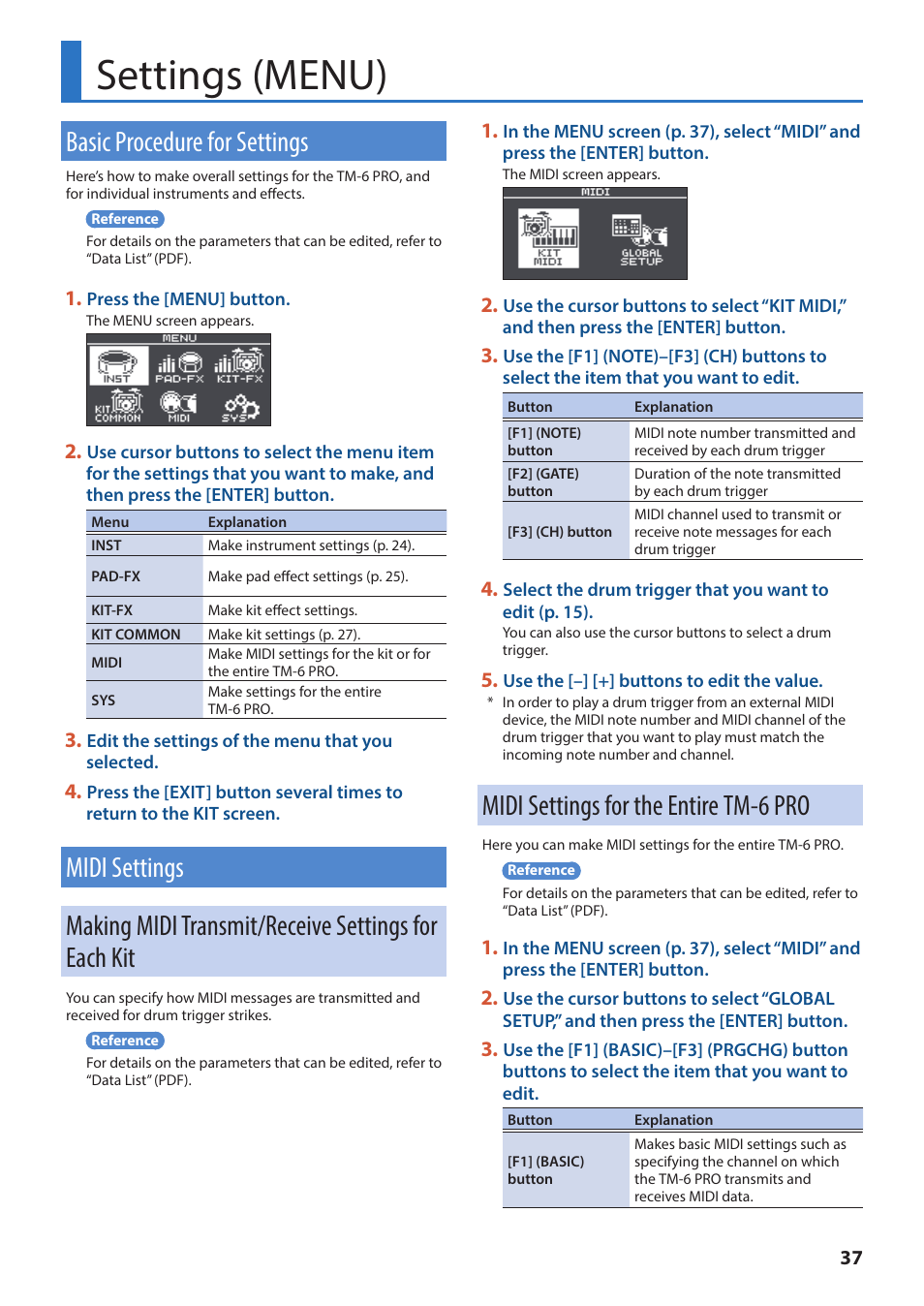 Settings (menu), Basic procedure for settings, Midi settings | Making midi transmit/receive settings for each kit, Midi settings for the entire tm-6 pro, Making midi transmit/receive settings for, Each kit, P. 37 | Roland TM-6 Pro Drum Trigger Module User Manual | Page 37 / 49