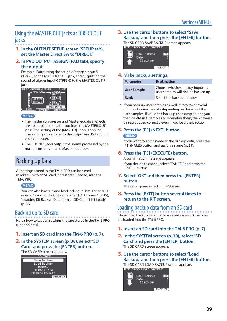 Backing up data, Using the master out jacks as direct out jacks, Backing up to sd card | Loading backup data from an sd card, Settings (menu) | Roland TM-6 Pro Drum Trigger Module User Manual | Page 39 / 49