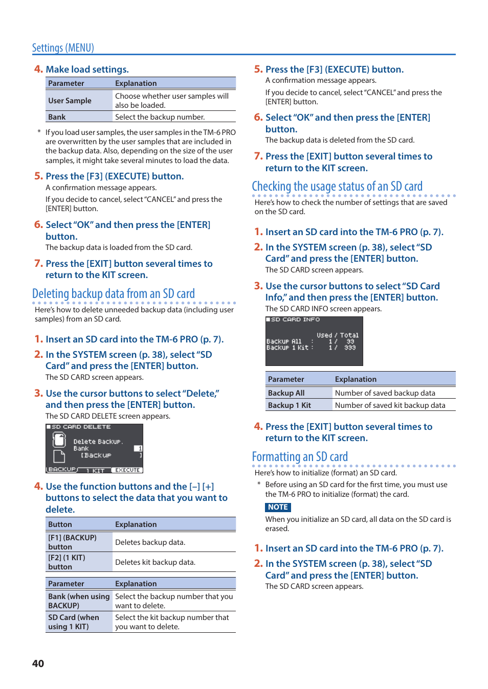 P. 40, Deleting backup data from an sd card, Checking the usage status of an sd card | Formatting an sd card, Settings (menu) | Roland TM-6 Pro Drum Trigger Module User Manual | Page 40 / 49