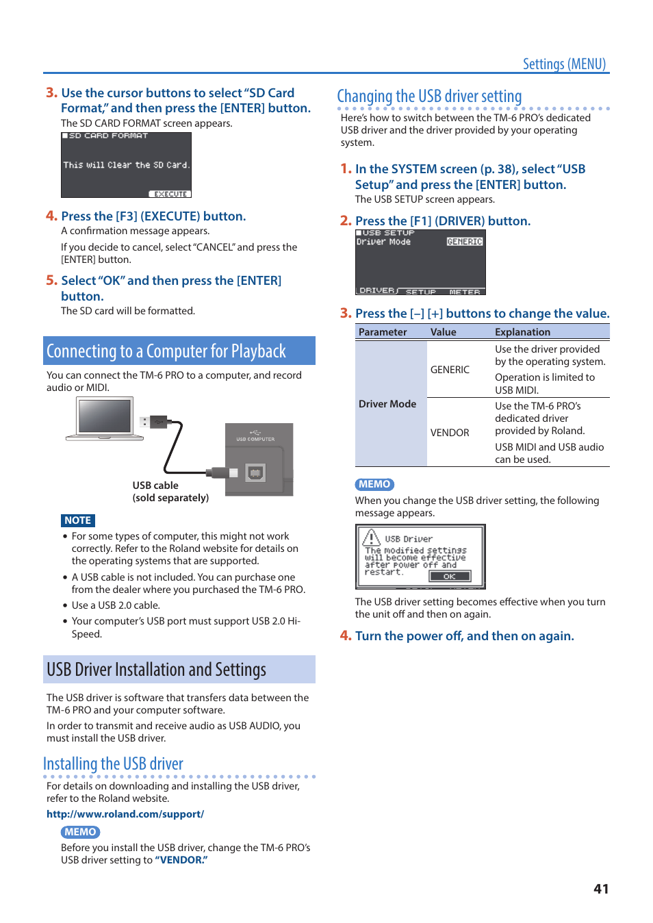 Connecting to a computer for playback, Usb driver installation and settings, P. 41 | And usb audio (p. 41, Installing the usb driver, Changing the usb driver setting, Settings (menu) | Roland TM-6 Pro Drum Trigger Module User Manual | Page 41 / 49