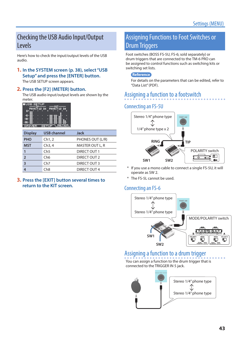 Checking the usb audio input/output levels, Assigning functions to foot switches or drum, Triggers | P. 43, O “assigning functions to foot, Switches or drum triggers” (p. 43), Iggers (p. 43), Assigning a function to a footswitch, Assigning a function to a drum trigger, Settings (menu) | Roland TM-6 Pro Drum Trigger Module User Manual | Page 43 / 49