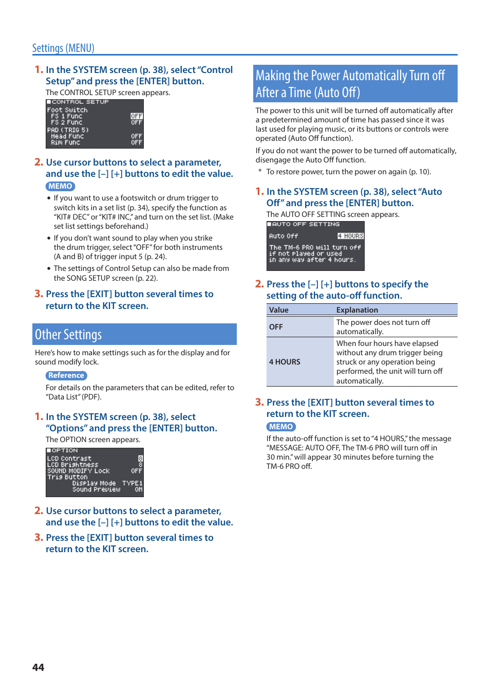 Other settings, Making the power automatically turn off after a, Time (auto off) | Tion (p. 44, Or sound modify lock (p. 44), O off settings (p. 44), Settings (menu) | Roland TM-6 Pro Drum Trigger Module User Manual | Page 44 / 49