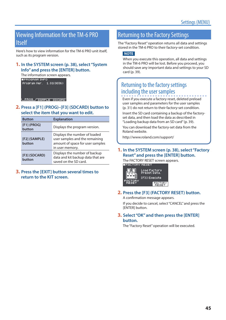 Viewing information for the tm-6 pro itself, Returning to the factory settings, P. 45) | Ersion (p. 45, Settings (p. 45, Settings (menu) | Roland TM-6 Pro Drum Trigger Module User Manual | Page 45 / 49