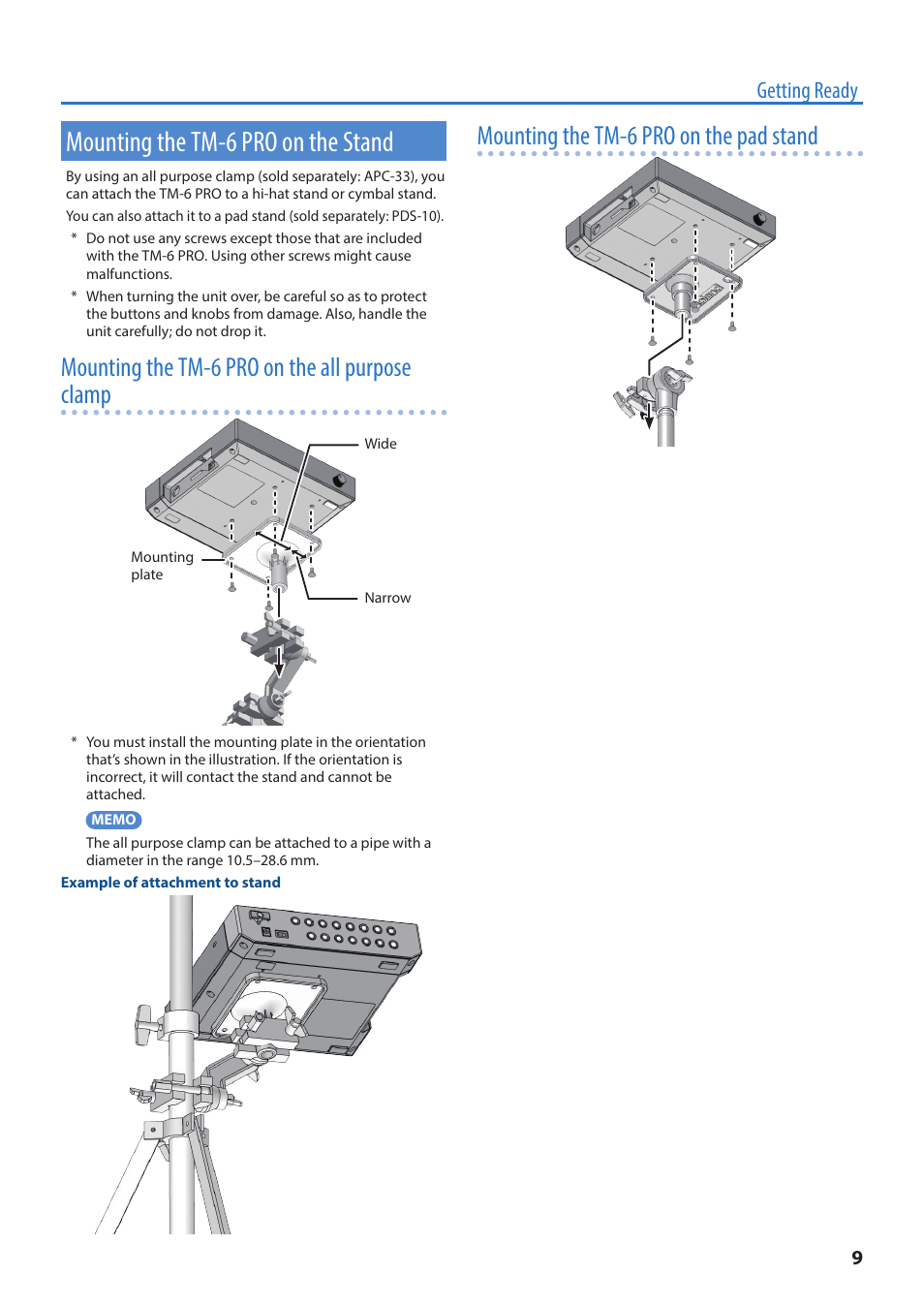 Mounting the tm-6 pro on the stand, Mounting the tm-6 pro on the all purpose clamp, Mounting the tm-6 pro on the pad stand | Getting ready | Roland TM-6 Pro Drum Trigger Module User Manual | Page 9 / 49