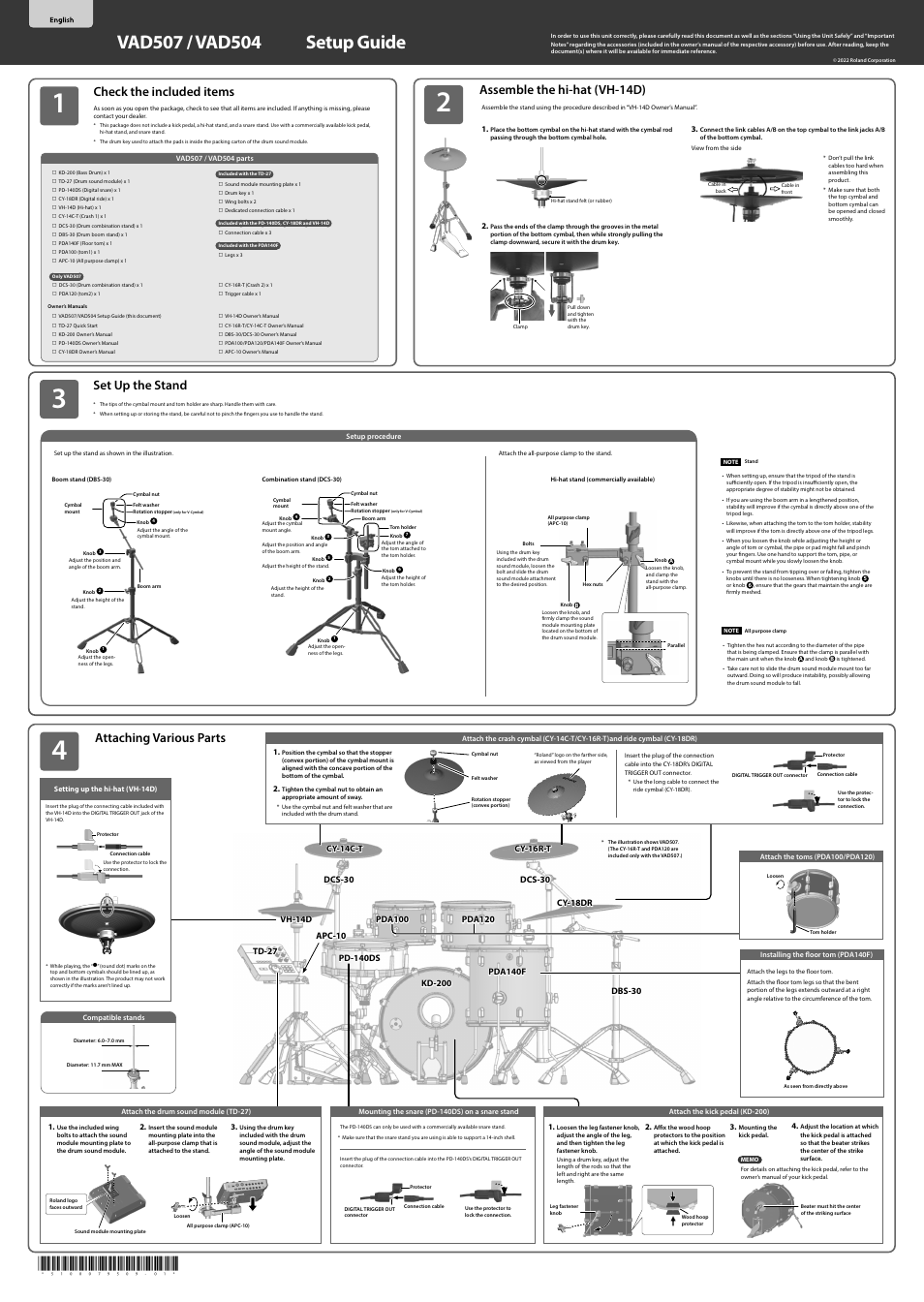 Roland VAD507 V-Drums Acoustic Design Electronic Drum Kit User Manual | 4 pages