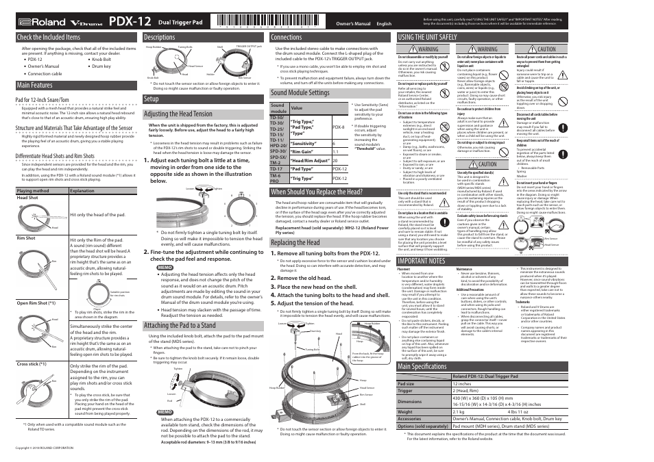 Roland PDX-12 Dual-Trigger Mesh V-Pad User Manual | 1 page