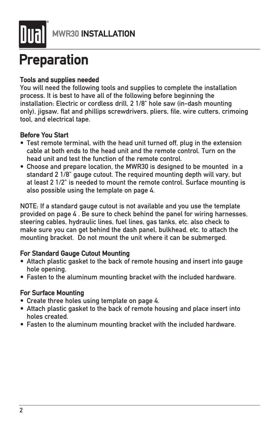 Preparation, Mwr30 installation | Dual MWR30 User Manual | Page 2 / 8