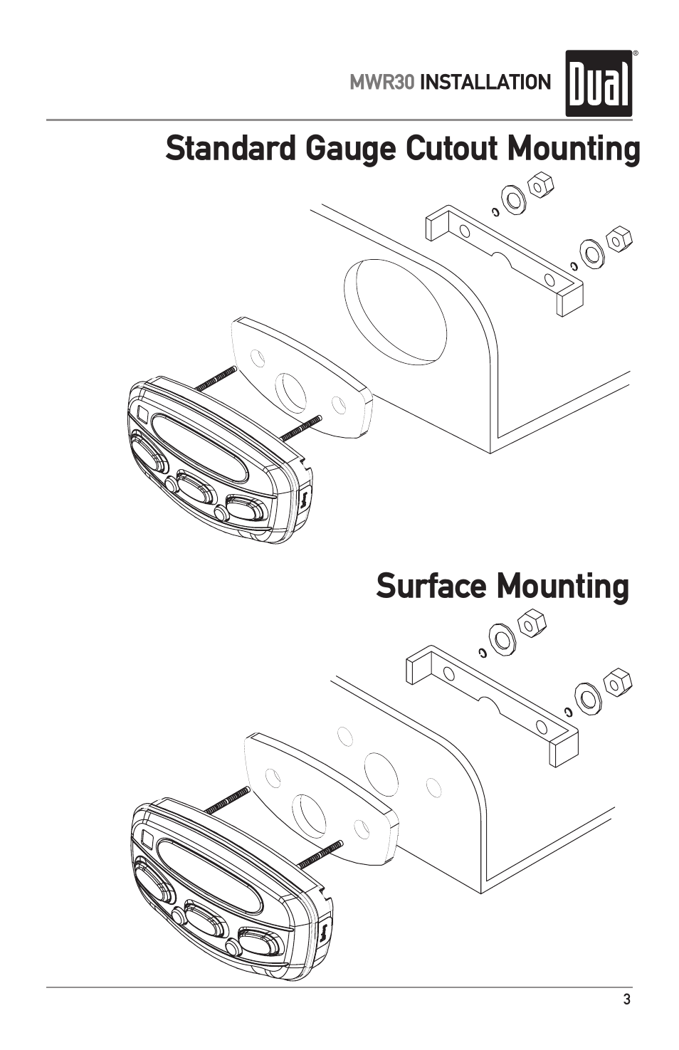 Standard gauge cutout mounting surface mounting | Dual MWR30 User Manual | Page 3 / 8