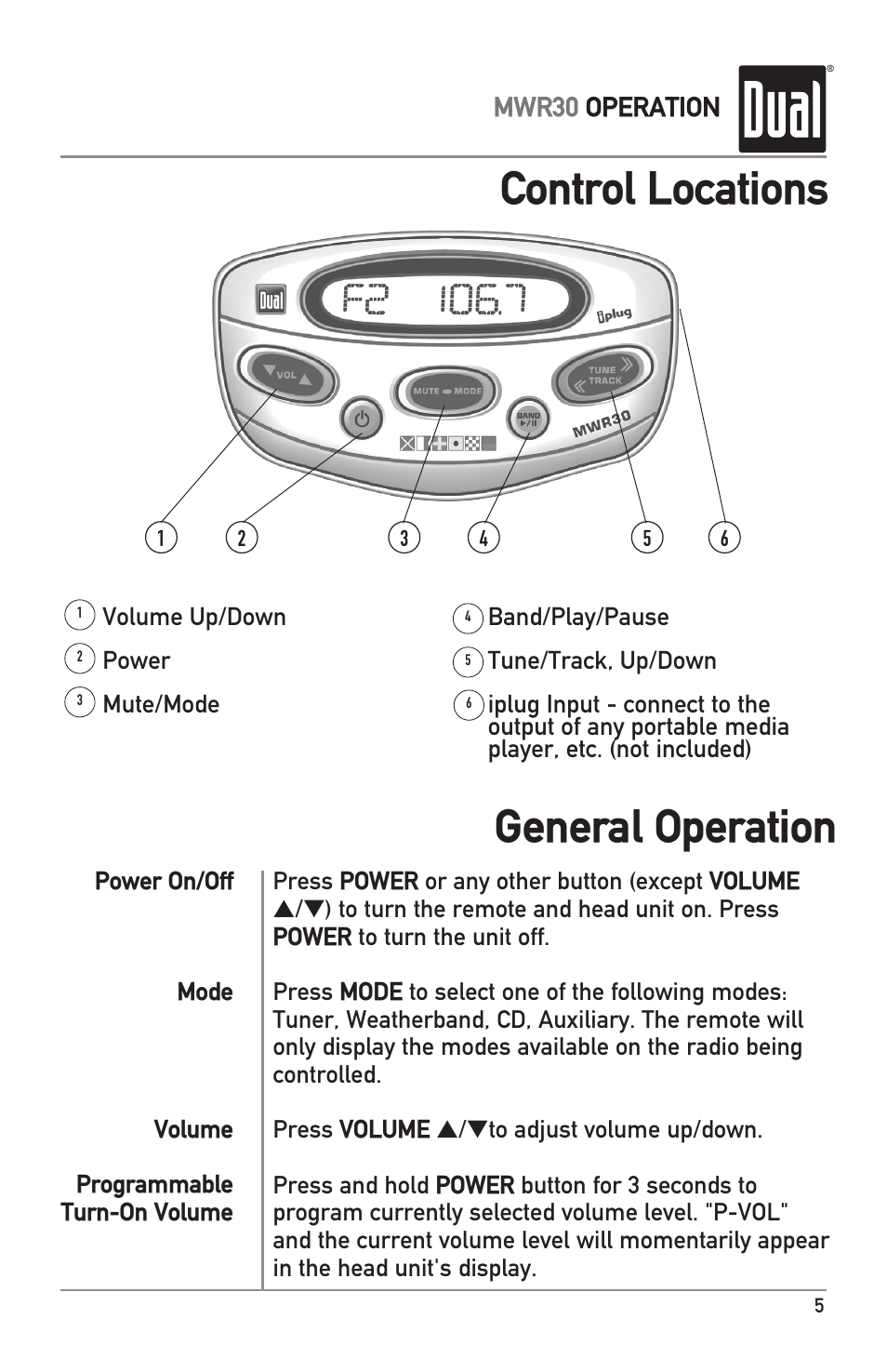 Control locations, General operation | Dual MWR30 User Manual | Page 5 / 8