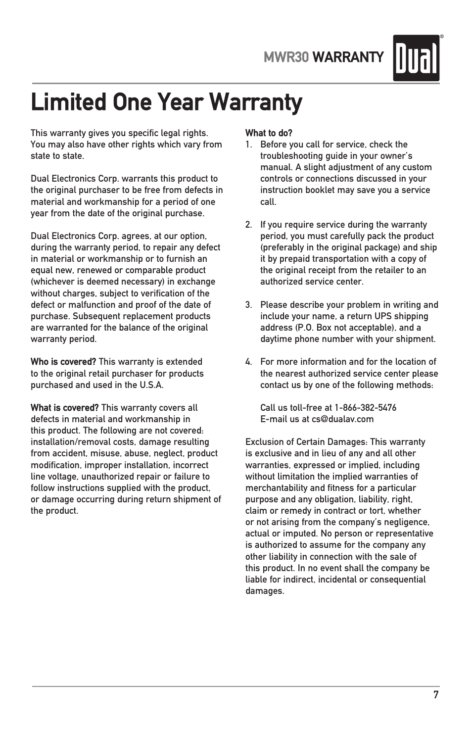 Limited one year warranty, Mwr30 warranty | Dual MWR30 User Manual | Page 7 / 8
