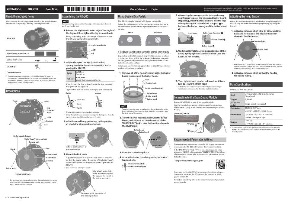 Roland KD-200-MS V-Drums Acoustic Design 20" Kick Drum Pad (Midnight Sparkle) User Manual | 1 page