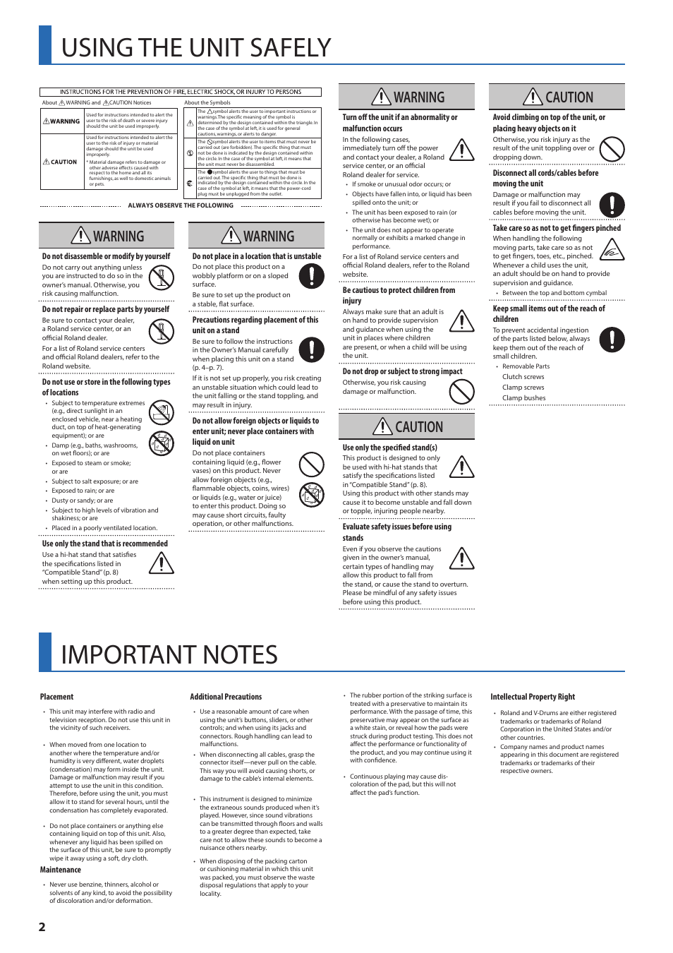 Warning, Caution | Roland VH-14D V-Drum Digital Hi-Hat with Advanced Multisensor Triggering User Manual | Page 2 / 8