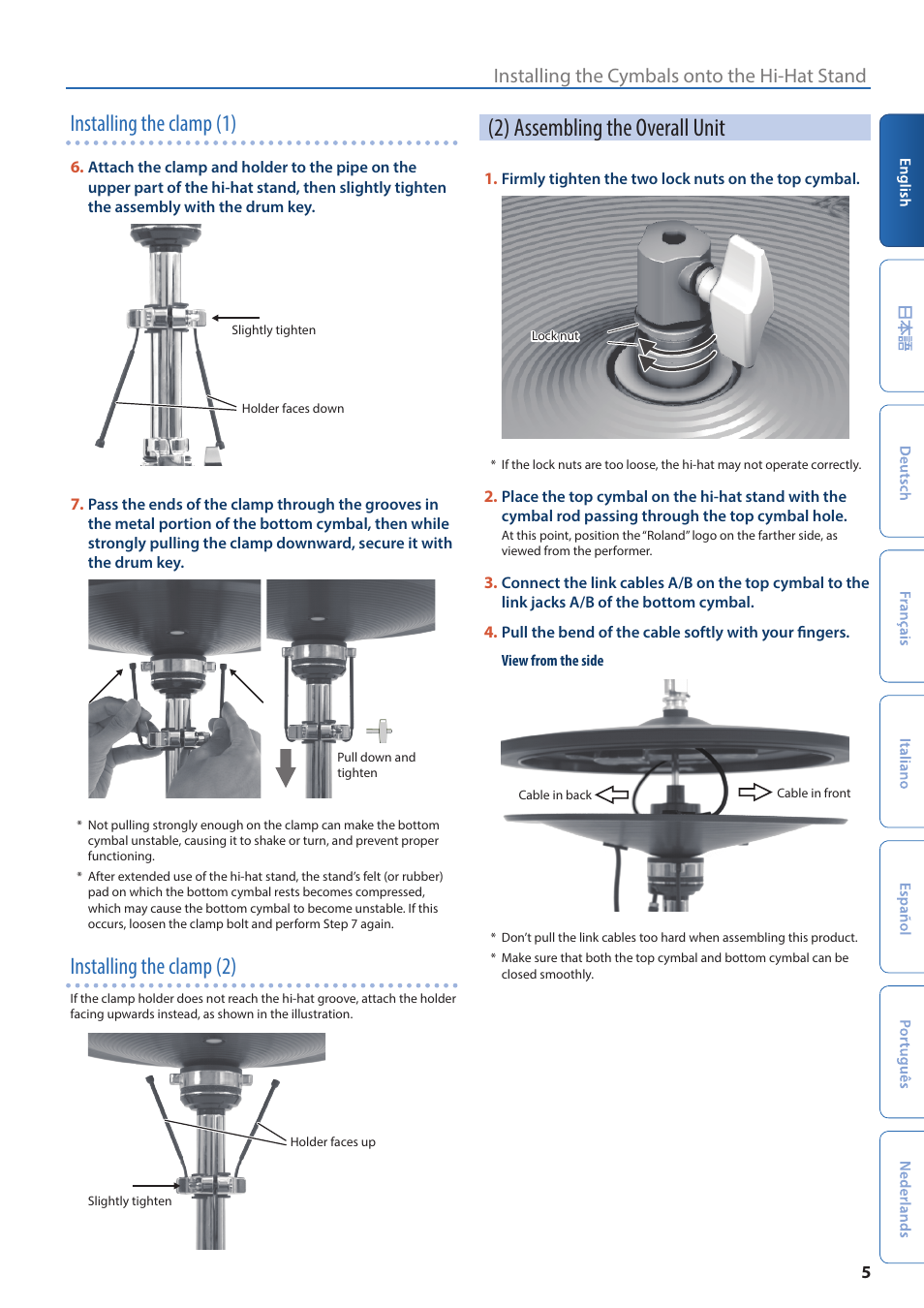 2) assembling the overall unit, Installing the clamp (1), Installing the clamp (2) | Installing the cymbals onto the hi-hat stand | Roland VH-14D V-Drum Digital Hi-Hat with Advanced Multisensor Triggering User Manual | Page 5 / 8