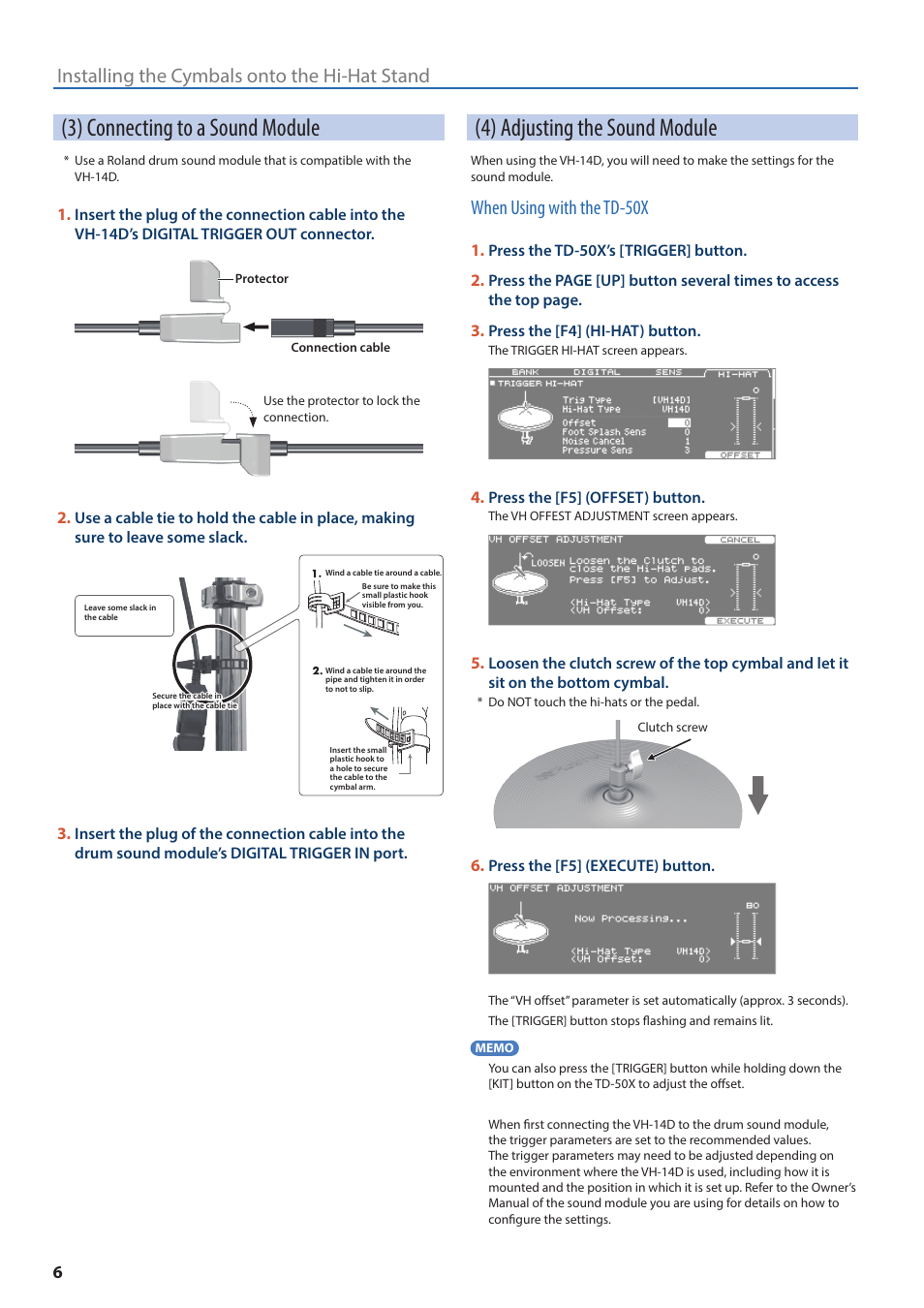 3) connecting to a sound module, 4) adjusting the sound module, Installing the cymbals onto the hi-hat stand | When using with the td-50x | Roland VH-14D V-Drum Digital Hi-Hat with Advanced Multisensor Triggering User Manual | Page 6 / 8