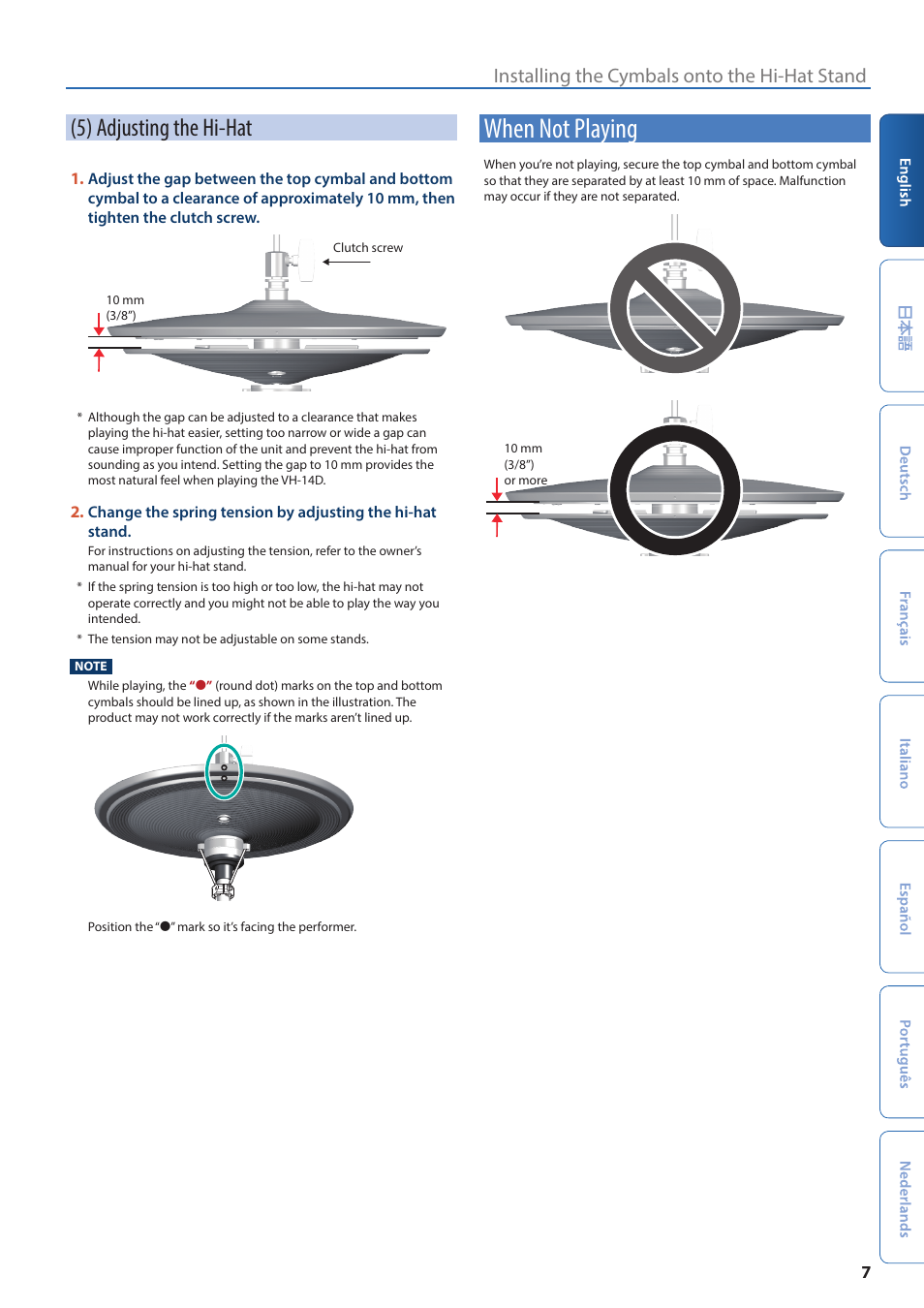 When not playing, 5) adjusting the hi-hat, Installing the cymbals onto the hi-hat stand | Roland VH-14D V-Drum Digital Hi-Hat with Advanced Multisensor Triggering User Manual | Page 7 / 8