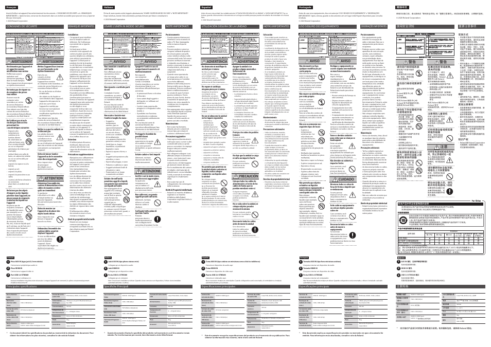 Avertissement, Attention, Avviso | Attenzione, Advertencia, Precaución, Aviso, Cuidado | Roland UVC-01 USB Video Capture User Manual | Page 2 / 2