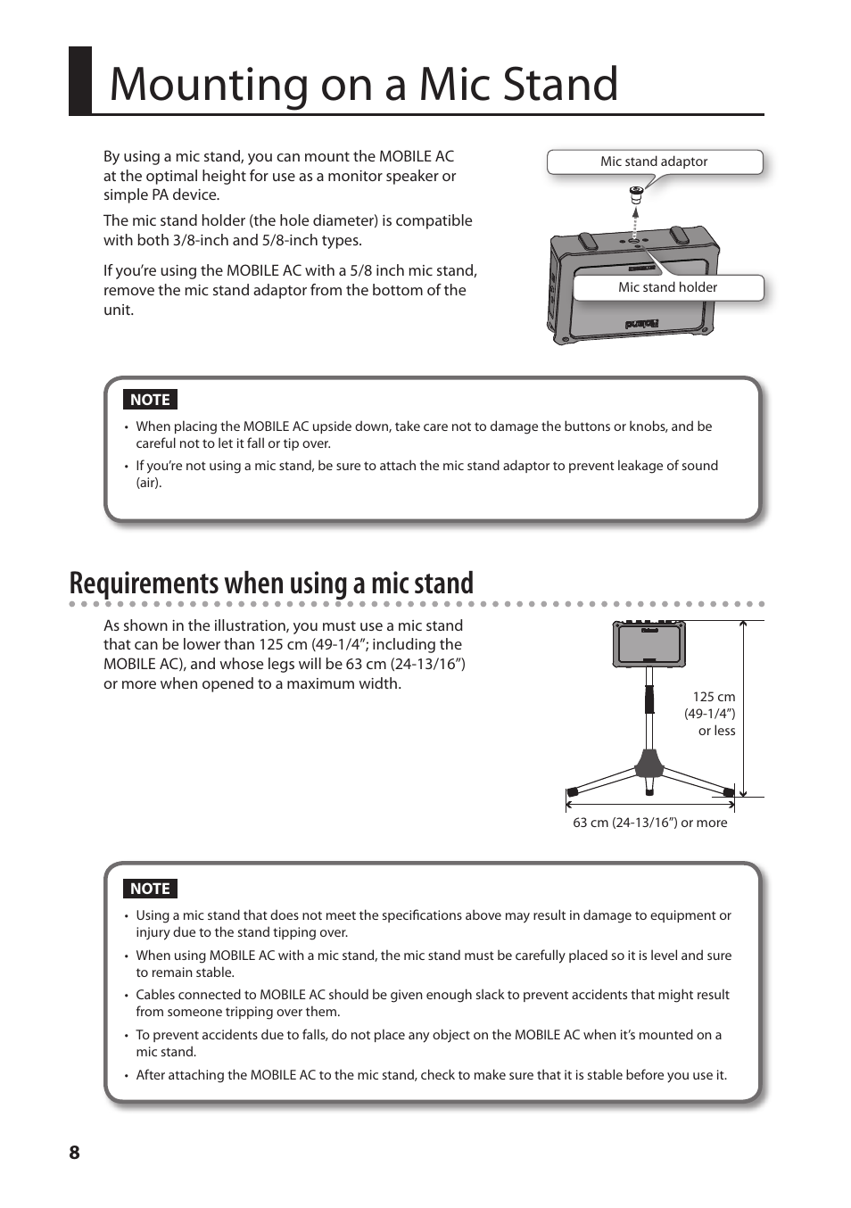 Mounting on a mic stand, Requirements when using a mic stand | Roland MOBILE AC: Acoustic Chorus Battery-Powered Amplifier User Manual | Page 10 / 116