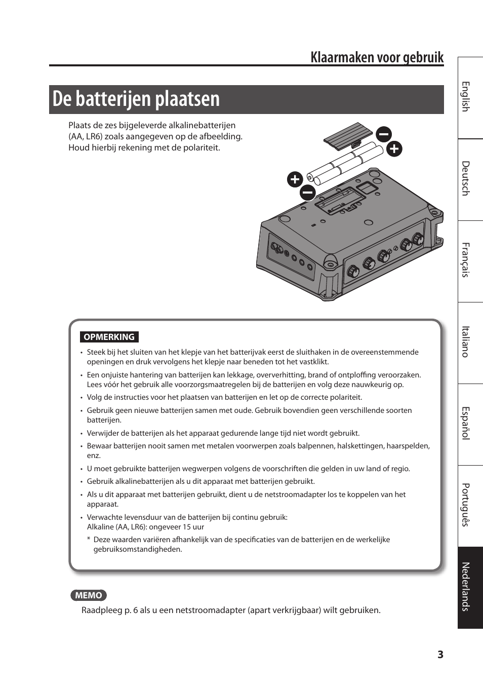 De batterijen plaatsen, Klaarmaken voor gebruik | Roland MOBILE AC: Acoustic Chorus Battery-Powered Amplifier User Manual | Page 101 / 116