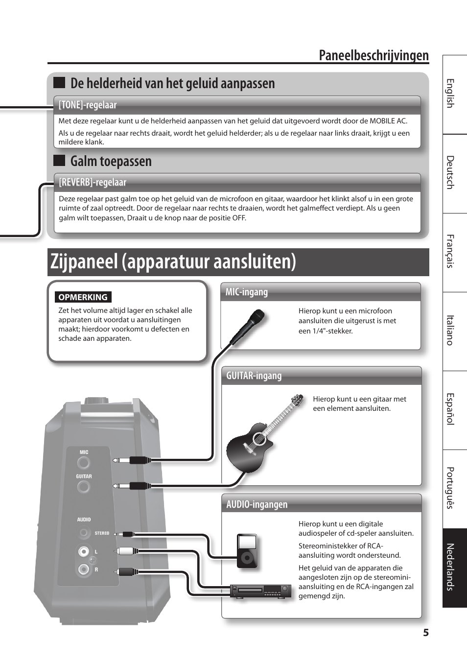 Zijpaneel (apparatuur aansluiten), Paneelbeschrijvingen, De helderheid van het geluid aanpassen | Galm toepassen | Roland MOBILE AC: Acoustic Chorus Battery-Powered Amplifier User Manual | Page 103 / 116