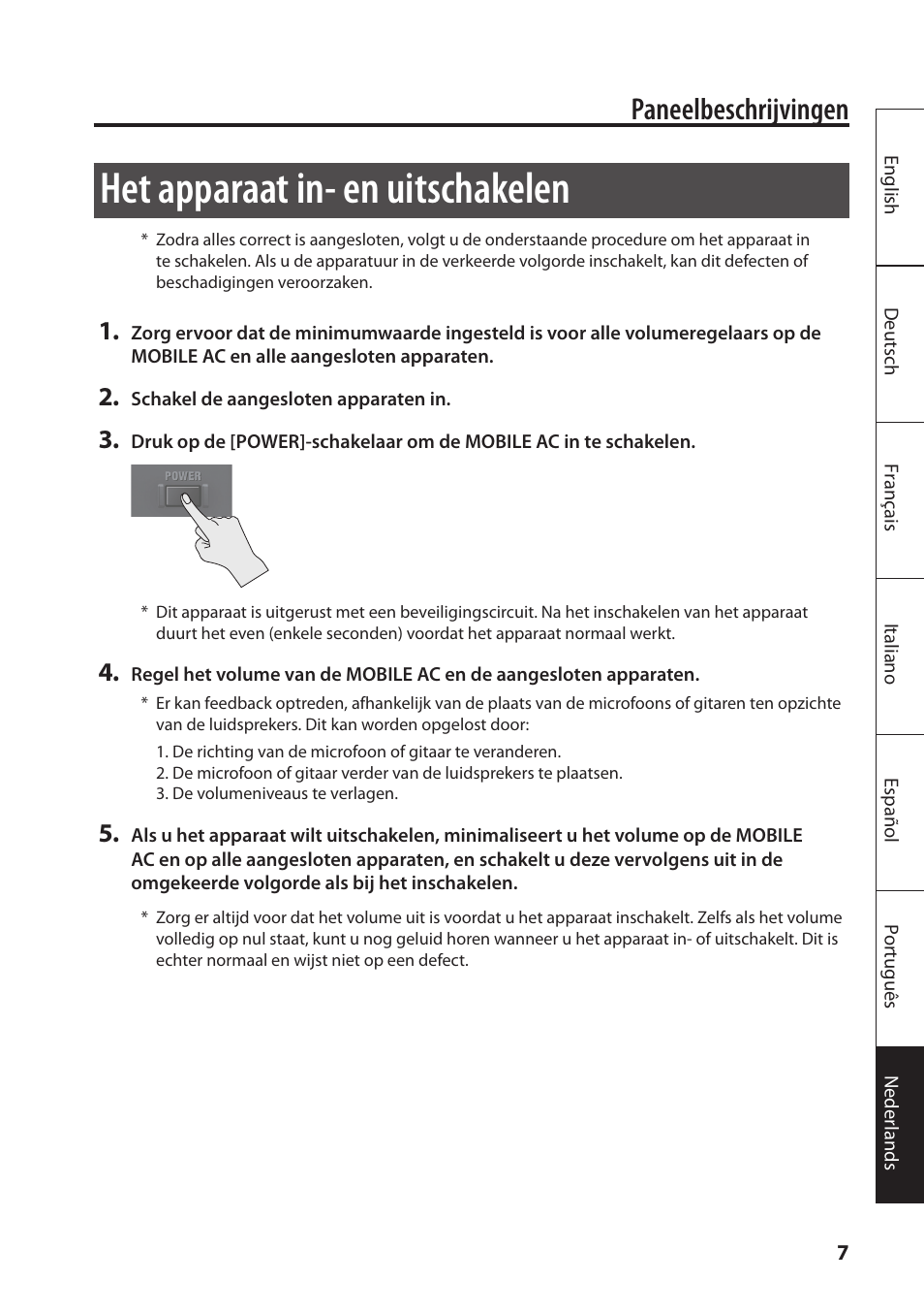 Het apparaat in- en uitschakelen, Paneelbeschrijvingen | Roland MOBILE AC: Acoustic Chorus Battery-Powered Amplifier User Manual | Page 105 / 116