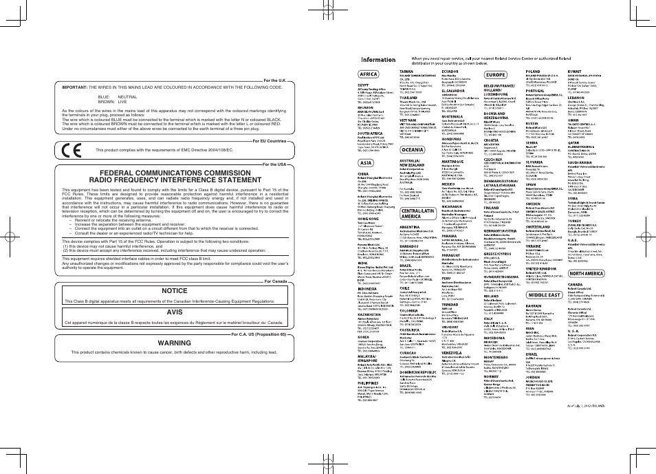 Notice avis, Warning | Roland MOBILE AC: Acoustic Chorus Battery-Powered Amplifier User Manual | Page 115 / 116