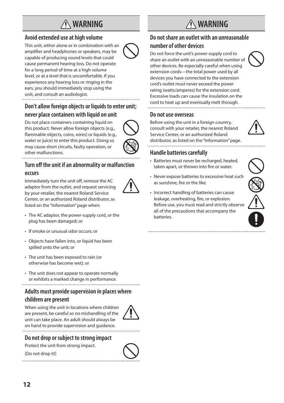 Warning, Avoid extended use at high volume, Do not drop or subject to strong impact | Do not use overseas, Handle batteries carefully | Roland MOBILE AC: Acoustic Chorus Battery-Powered Amplifier User Manual | Page 14 / 116