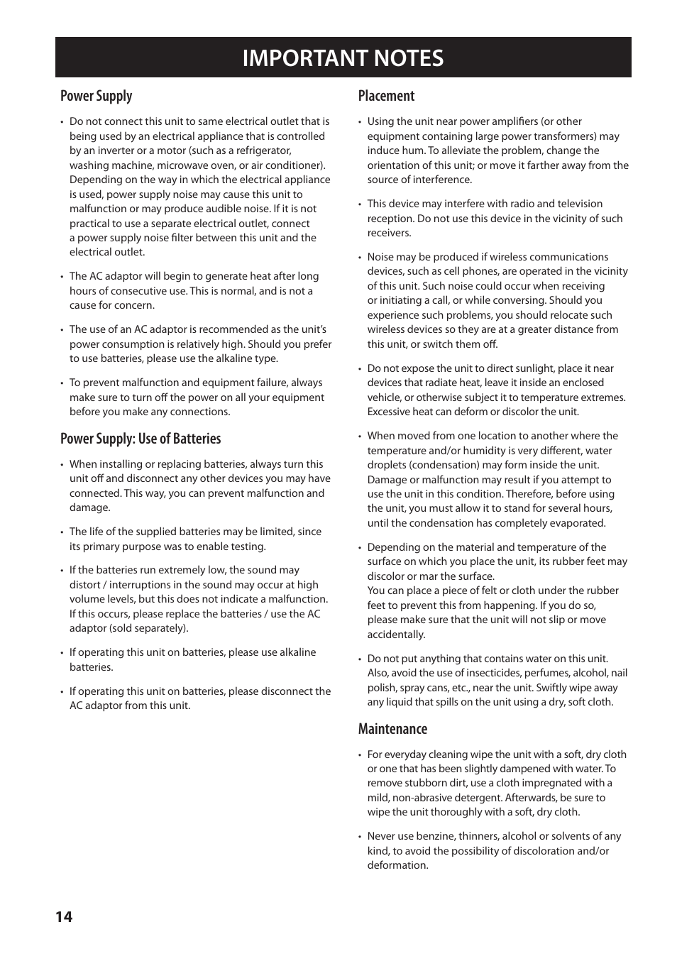 Important notes, Power supply, Power supply: use of batteries | Placement, Maintenance | Roland MOBILE AC: Acoustic Chorus Battery-Powered Amplifier User Manual | Page 16 / 116