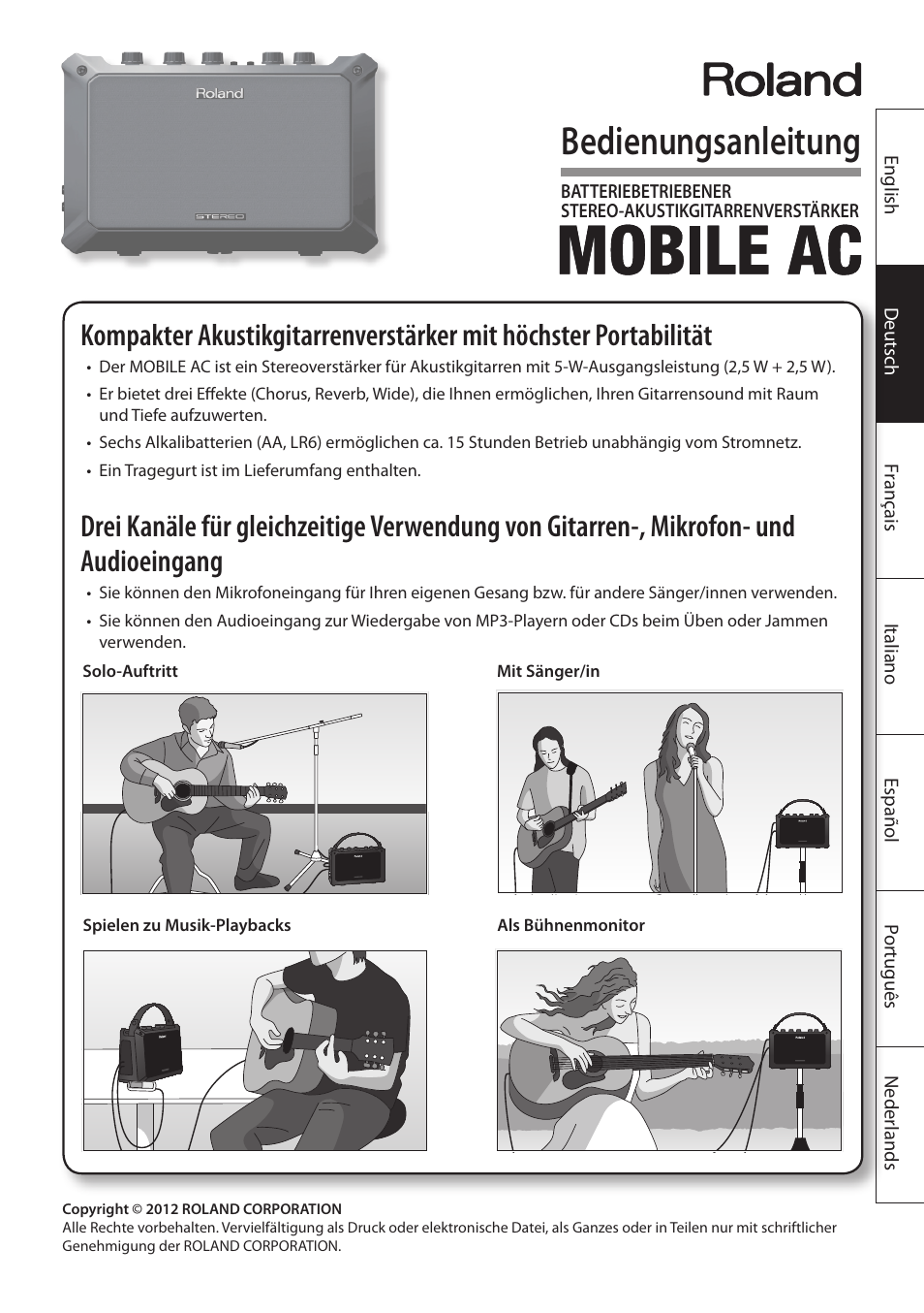 Deutsch, Bedienungsanleitung | Roland MOBILE AC: Acoustic Chorus Battery-Powered Amplifier User Manual | Page 19 / 116