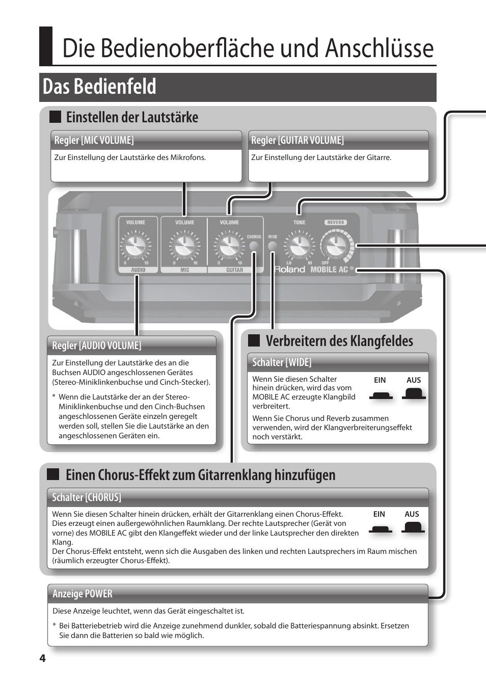 Die bedienoberfläche und anschlüsse, Das bedienfeld, Einstellen der lautstärke | Einen chorus-effekt zum gitarrenklang hinzufügen, Verbreitern des klangfeldes | Roland MOBILE AC: Acoustic Chorus Battery-Powered Amplifier User Manual | Page 22 / 116