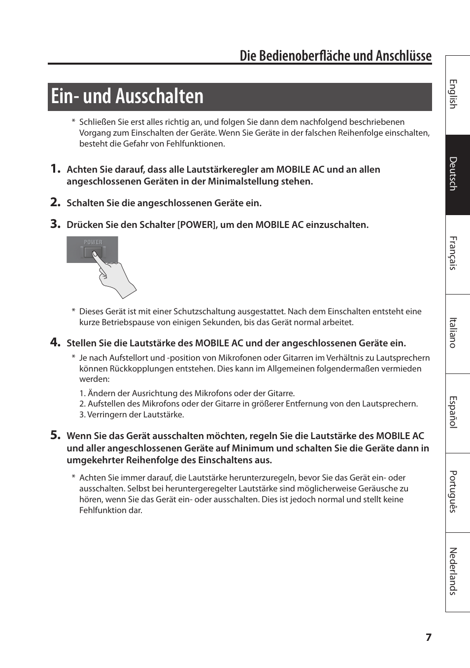 Ein- und ausschalten, Die bedienoberfläche und anschlüsse | Roland MOBILE AC: Acoustic Chorus Battery-Powered Amplifier User Manual | Page 25 / 116