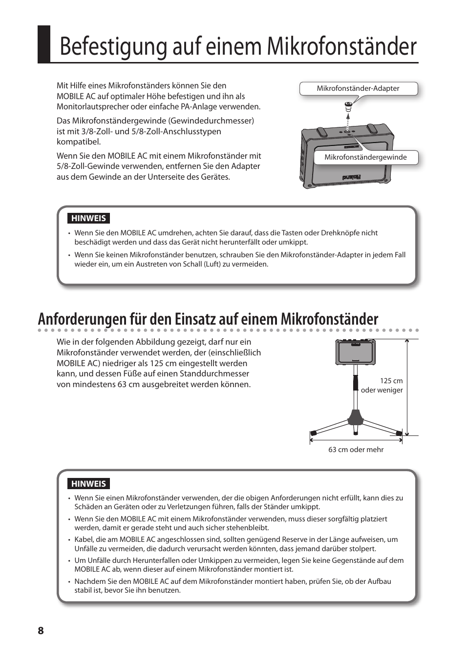 Befestigung auf einem mikrofonständer | Roland MOBILE AC: Acoustic Chorus Battery-Powered Amplifier User Manual | Page 26 / 116